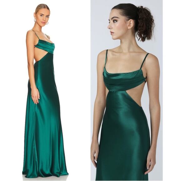 Sau Lee Paula Cutout Open Back Satin Emerald Green Maxi Dress Size 2 - Picture 4 of 10